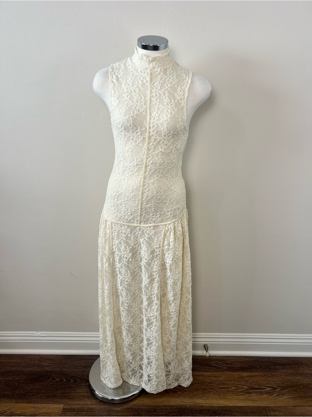 ZARA NWT Ecru Lace Maxi Dress Size S Sheer Mock Neck Wedding Bridal Boho - Picture 3 of 15